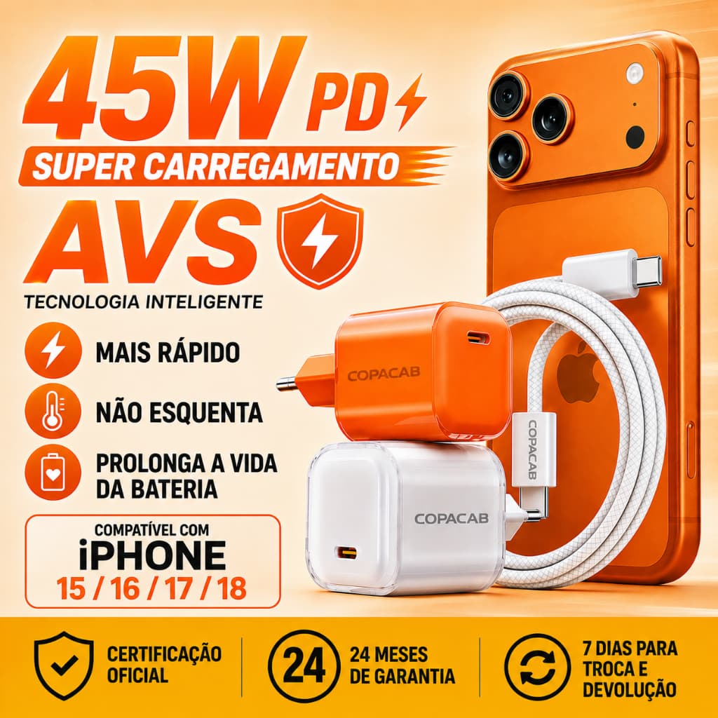 Carregador fonte 45W PD USB-C + Cabo Tipo C Super Rápido para iPhone 15Plus 16E 17Promax 18–Turbo original Não Esquenta