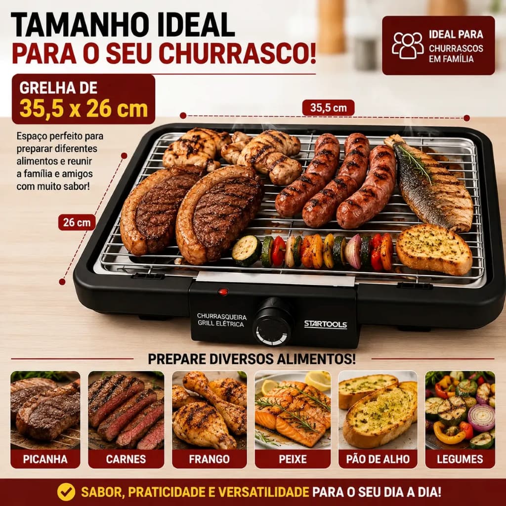 Churrasqueira Grill Elétrica Portátil 2000W para Carnes Legumes e Peixes Sem Fumaça, Churrasco