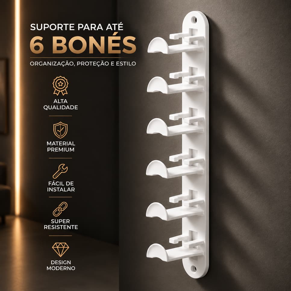 Suporte de Parede branco para 6 Bonés | Organizador Premium Elegante Fácil Instalação