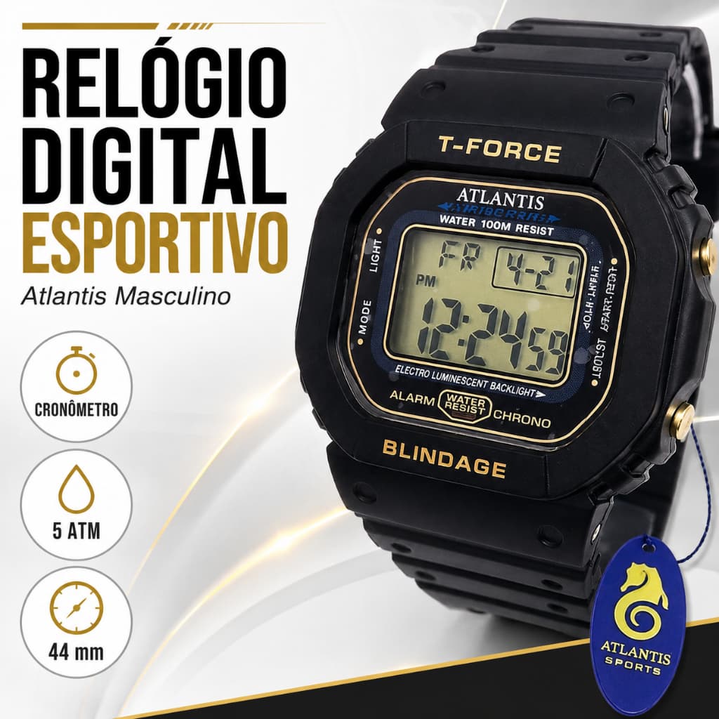 Relógio Masculino Atlantis Digital Esportivo  Blindage à Prova D'Água 5 ATM Clássico Militar