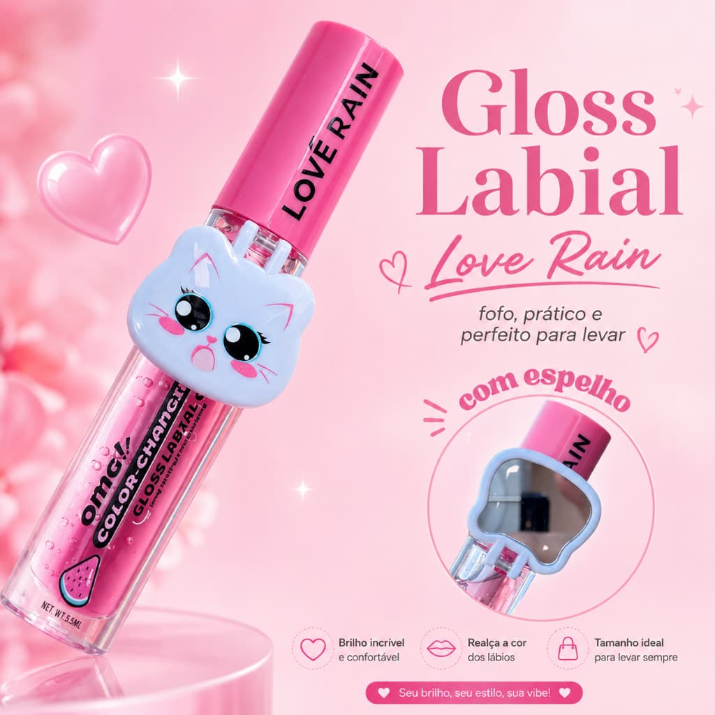 Gloss Labial Color Changing Cat OMG Love Rain com Espelho