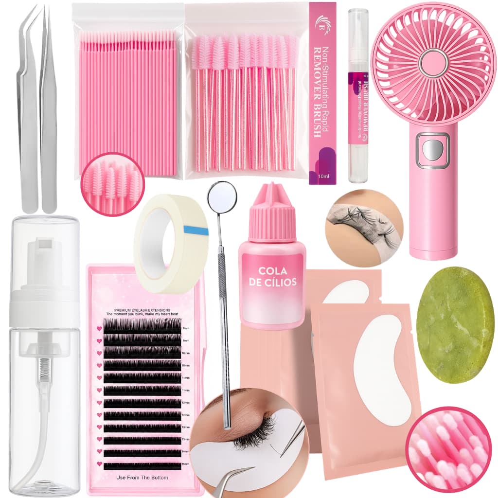 Kit Completo Treino Extensão Cílios Profissional Cola Removedor Pinças Pump