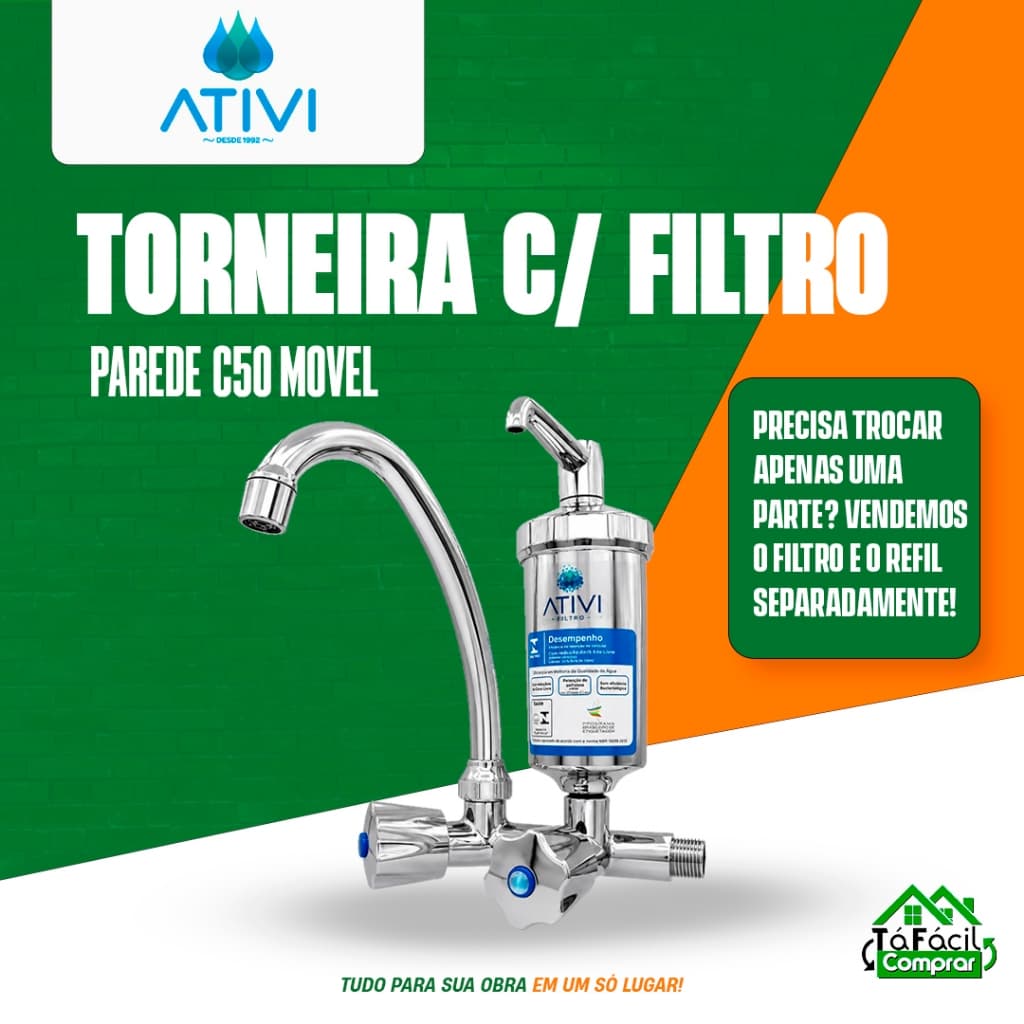 Torneira com filtro parede torneira cozinha abs movel giratoria cromada com refil e filtro cromado