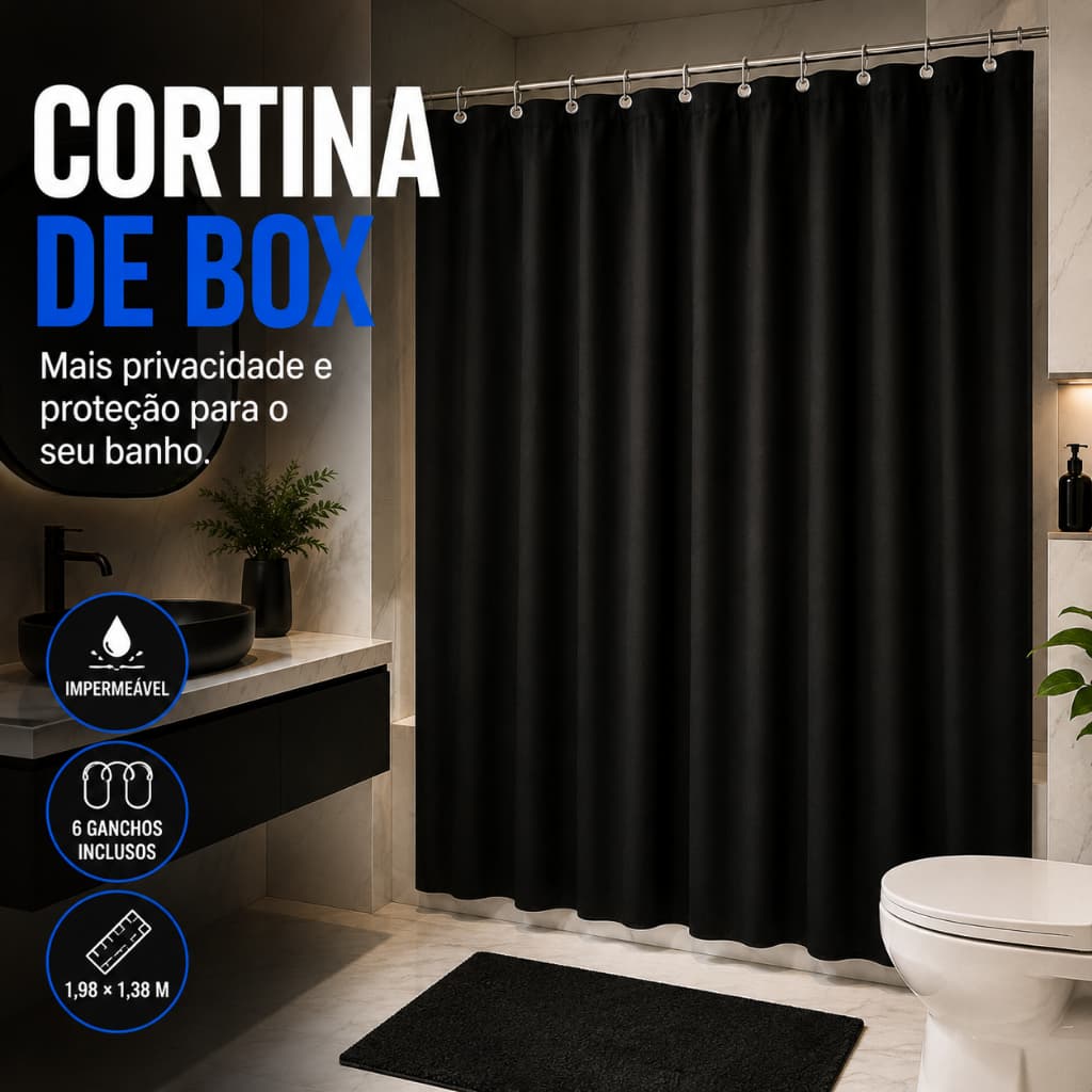 Cortina de Banheiro (box) Vinil Resistente Impermeavel cor preta e bege Com 6 Ganchos inclusos