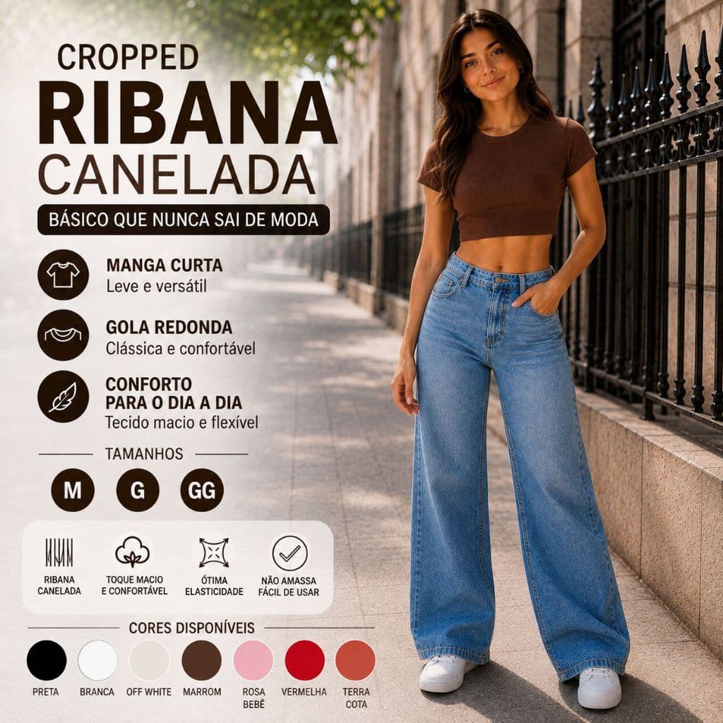 Blusa Cropped Feminina Ribana Canelada Premium Manga Curta Look Casual Blogueira Dia a Dia Básica