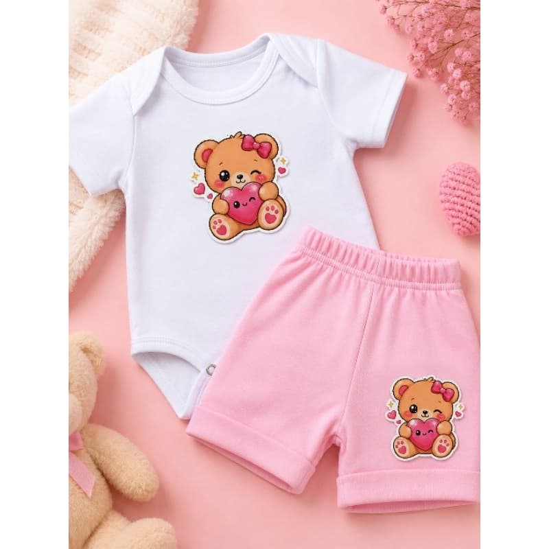 Conjunto Bebê Menina Body Branco + Short Rosa Ursinha Coração Look Infantil Fofo