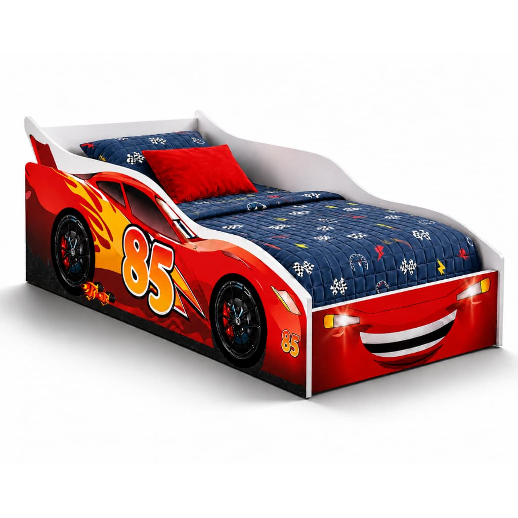Cama Infantil Carro Montessoriana Com Colchão Incluso Personagem McQueen Vermelha MDF Grade de Proteção Resistente