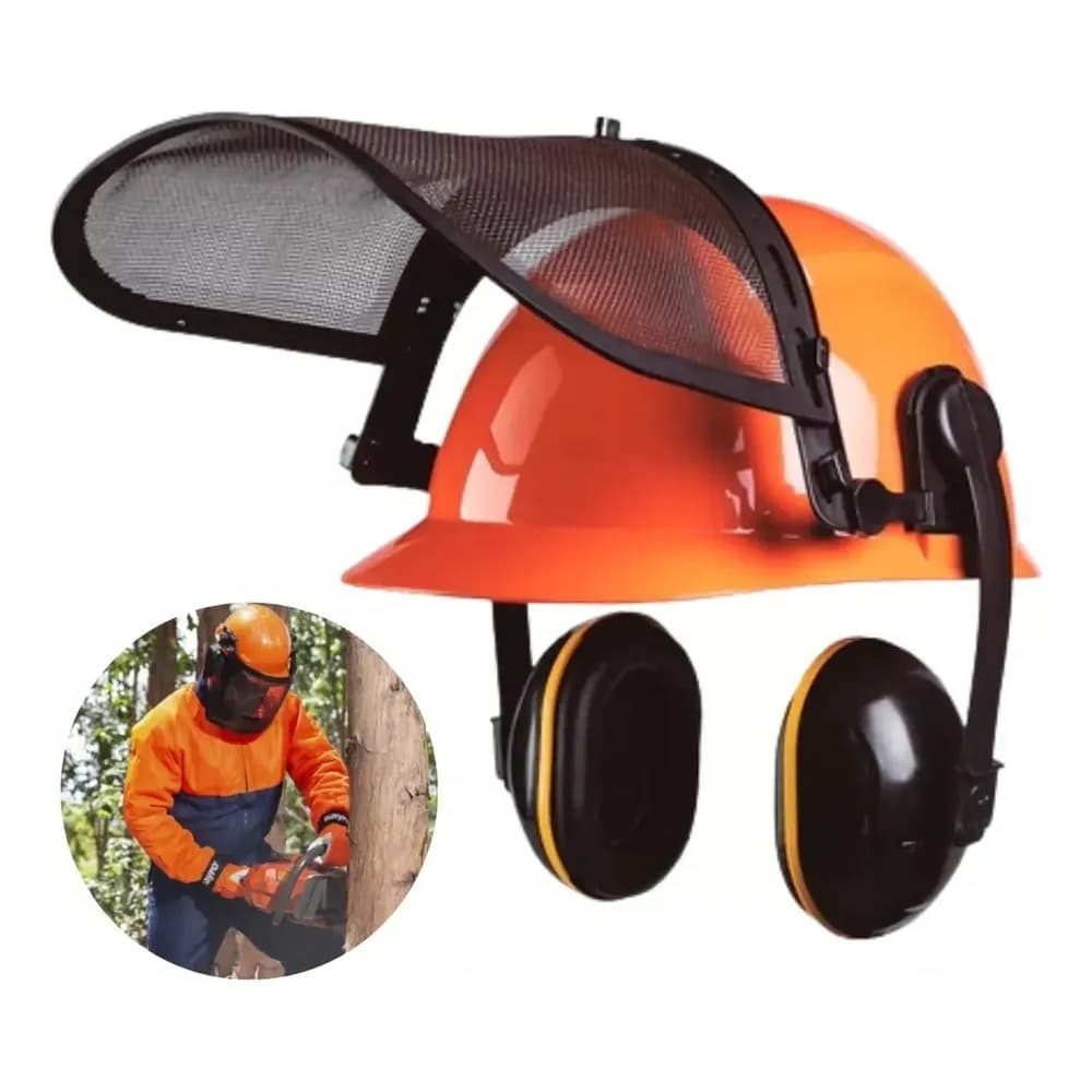 Kit Capacete Roçador Camper Motosserrista Viseira Tela de Aço + Protetor Auricular Concha EPI