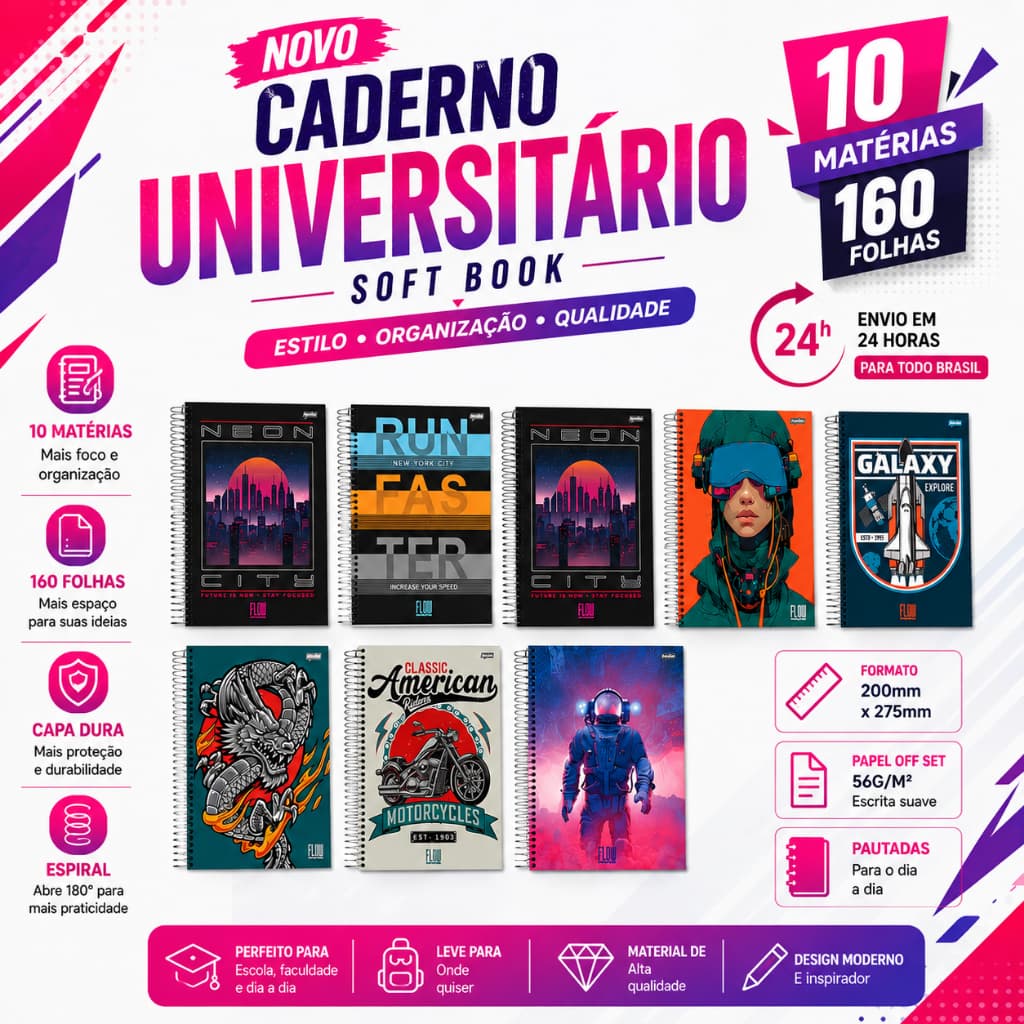 Caderno Espiral Capa Dura Universitário 10 Matérias 200mmx275mm Sem Adesivos