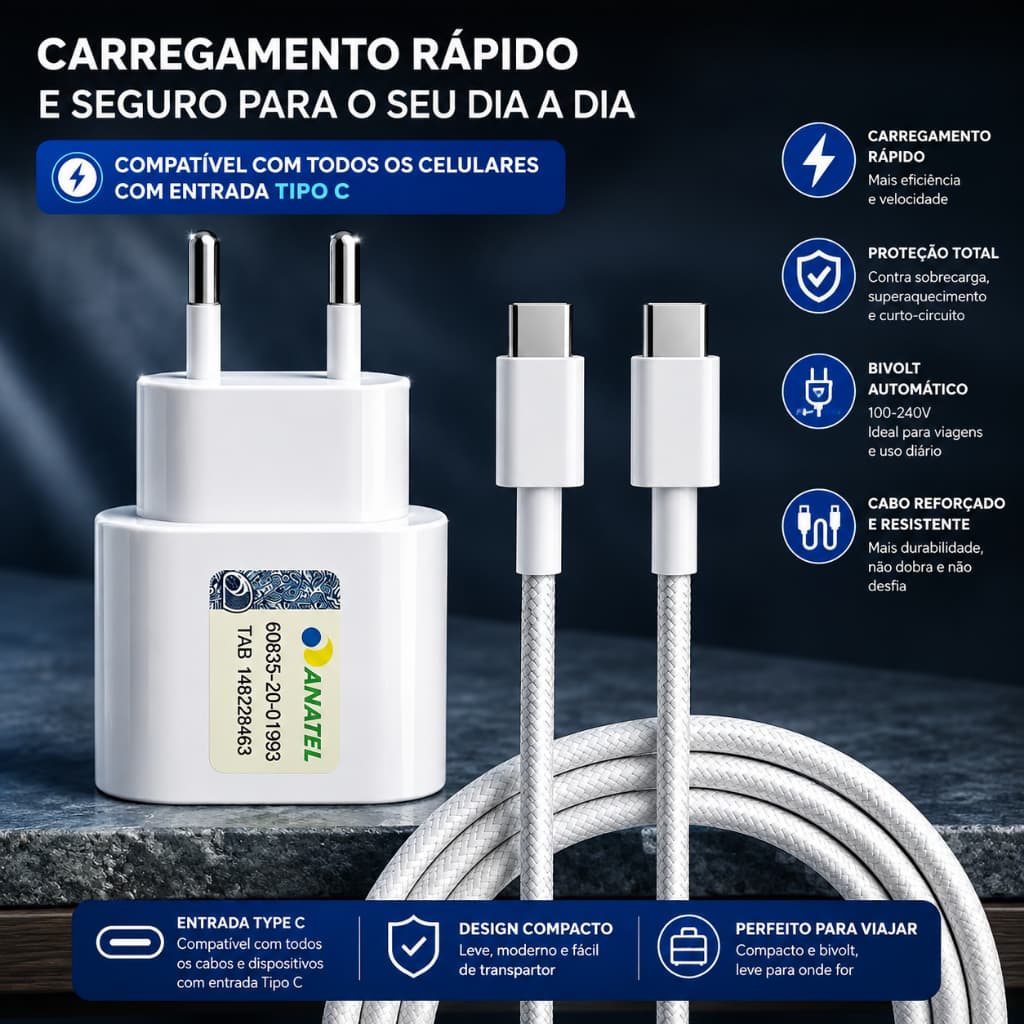 { PREMIUM } Kit Carregador Cabo e Fonte Turbo 20W Tipo C Celular iPhone 15 16 17 Cabo Reforçado Envio Imediato