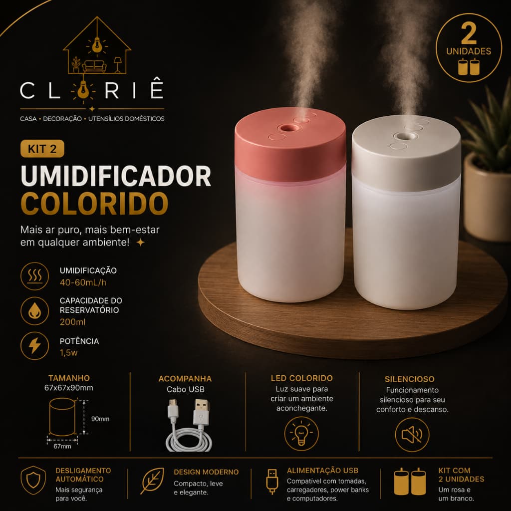 Kit 2 Mini Umidificador Difusor De Aroma Abajur LED RGB Escritório Luminária Mesa Luz Noturna