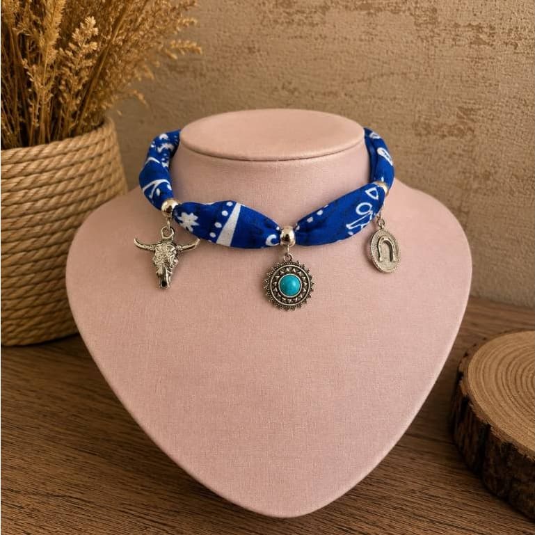 Choker Lenço Country Varias Cores Pigentes Cavalo Ferradur Boi Prata Dourado Choker Moda Boiadeira