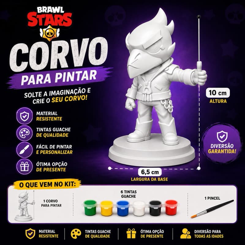 Boneco Corvo Brawl Stars Para Pintar 10cm | Kit 6 Tintas Guache + Pincel | Presente Criativo