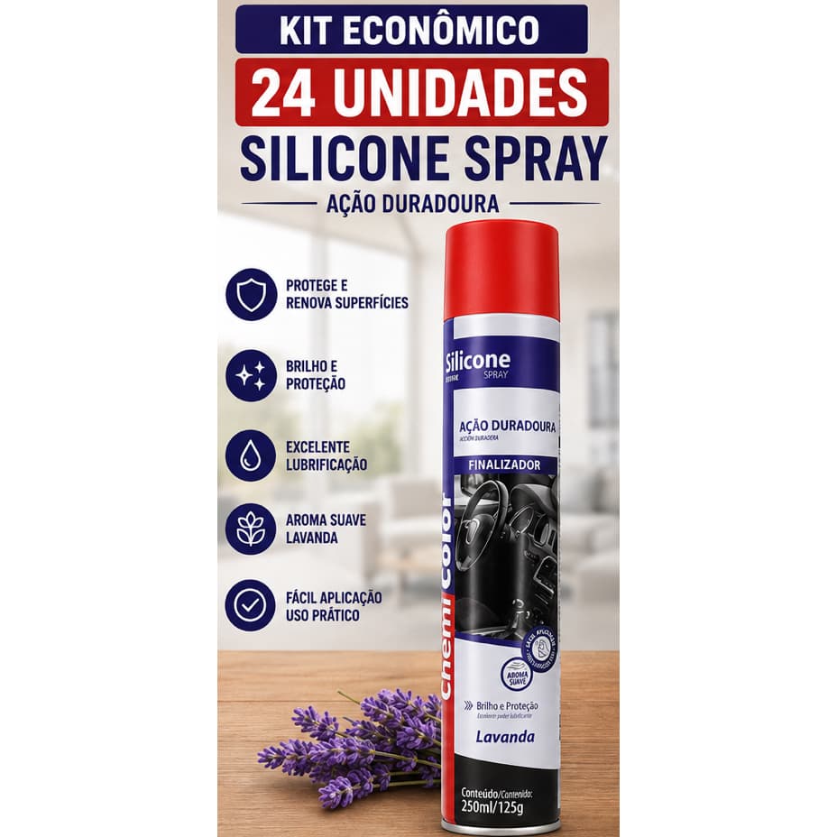 Kit 24 Silicone Spray Lavanda 250ml Finalizador Automotivo Brilho Proteção e Lubrificação
