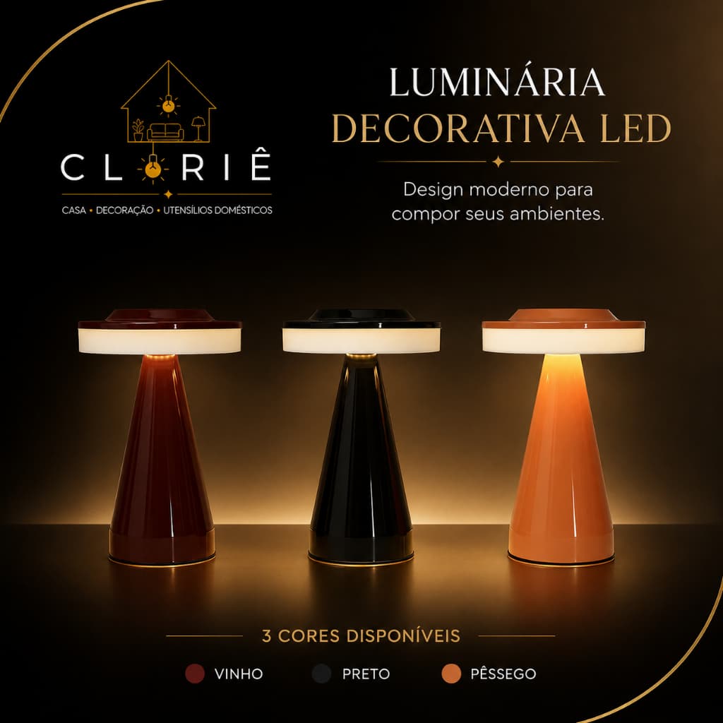 Abajur Luminária de Mesa LED 3 Em 1 Moderno Touch Recarregável  Design Premium