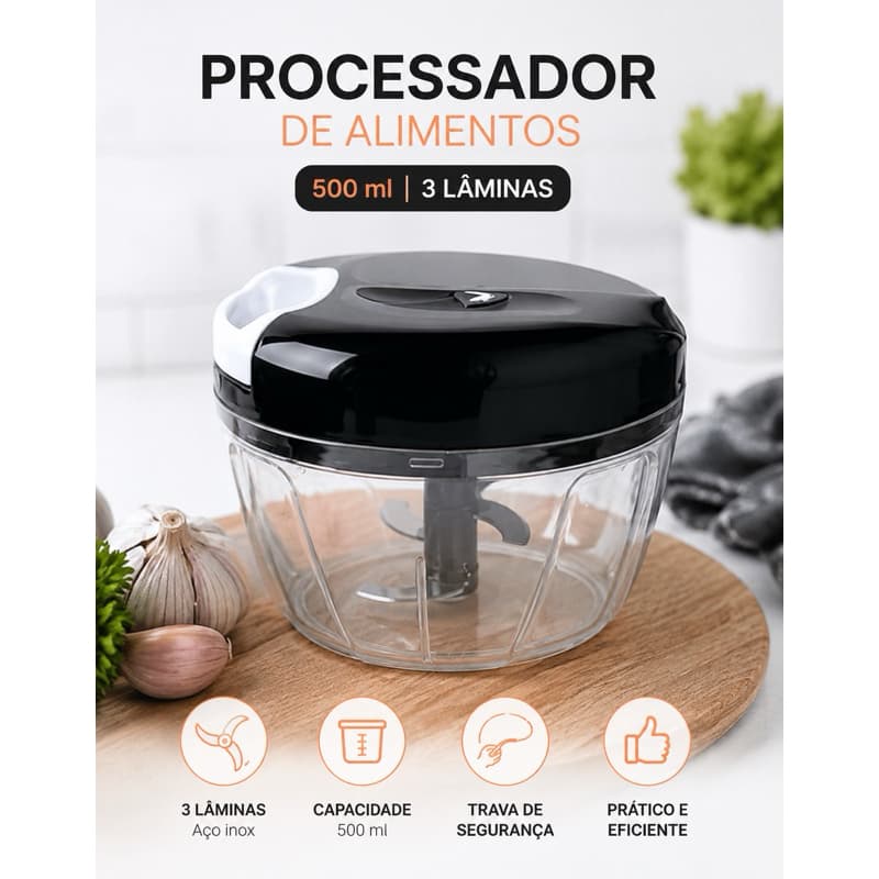 Processador Manual de Alimentos 500ml 3 Lâminas – Triturador e Picador de Legumes, Cebola e Alho