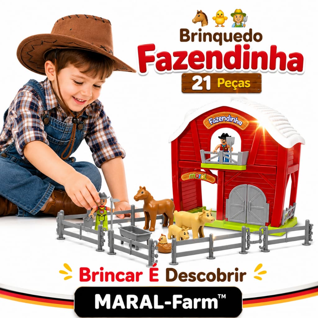 Fazendinha Infantil 21 Peças – Brinquedo Educativo com Animais, Celeiro e Acessórios | Vermelho 🐴🐮🚜🌾