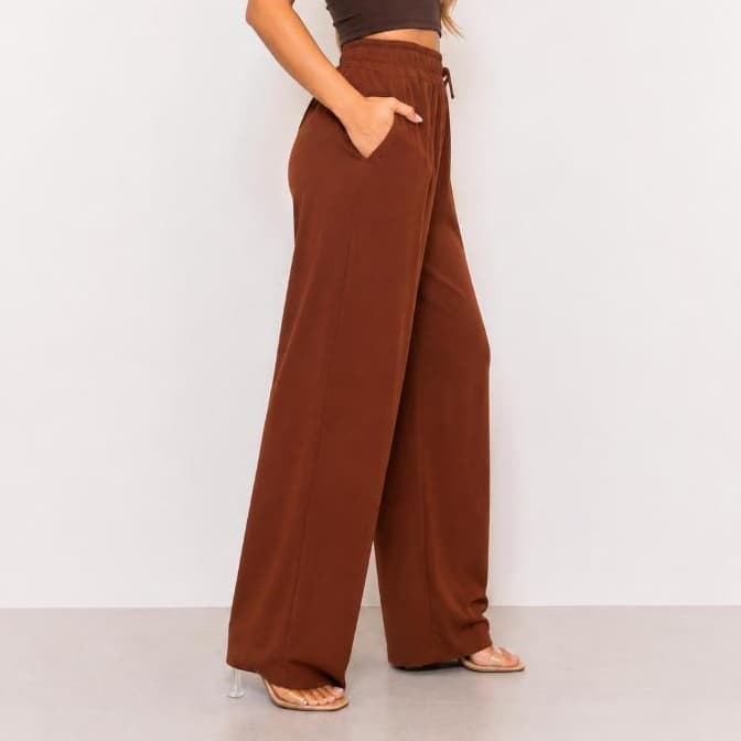 Calça Pantalona Feminina Tecido Duna Cintura Alta Cordão Fake Wide Leg Elegante Casual P ao GG