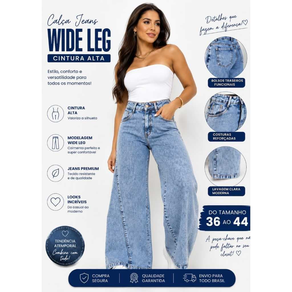 Calça Jeans Feminina Wide Leg / Pantalona – Lavagem Clara Calça jeans feminina modelo Wide Leg, com caimento moderno