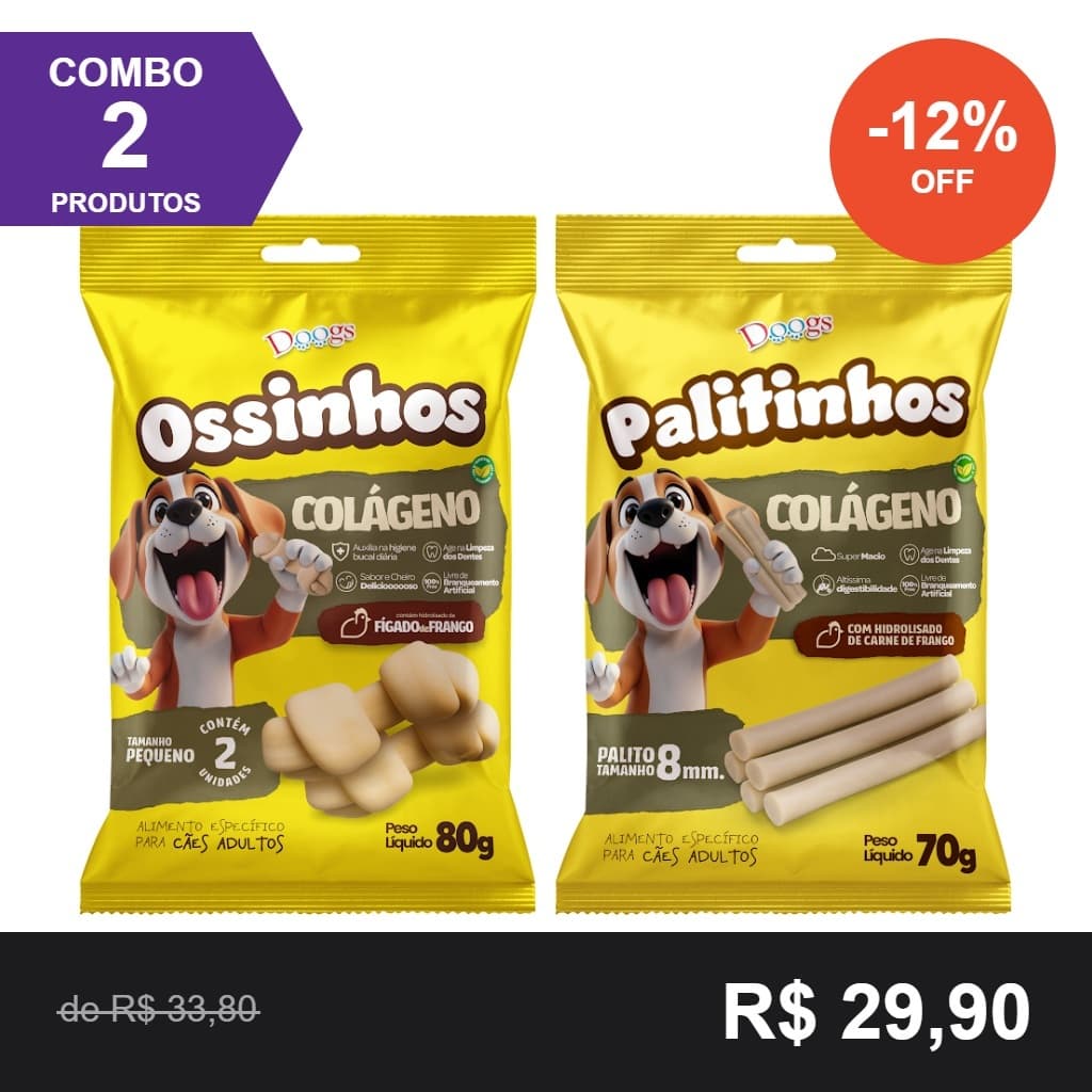 Combo Ossinho Colageno 80g + Palitinho Colageno 70g Para Cachorro Doogs Petisco Natural Mastigavel Caes