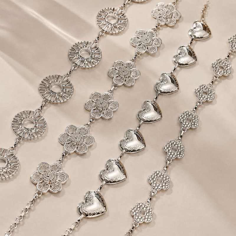 Cinto Feminino de Corrente  Metal Prata Ajustável para Vestido Cintura Festa Flores Coração