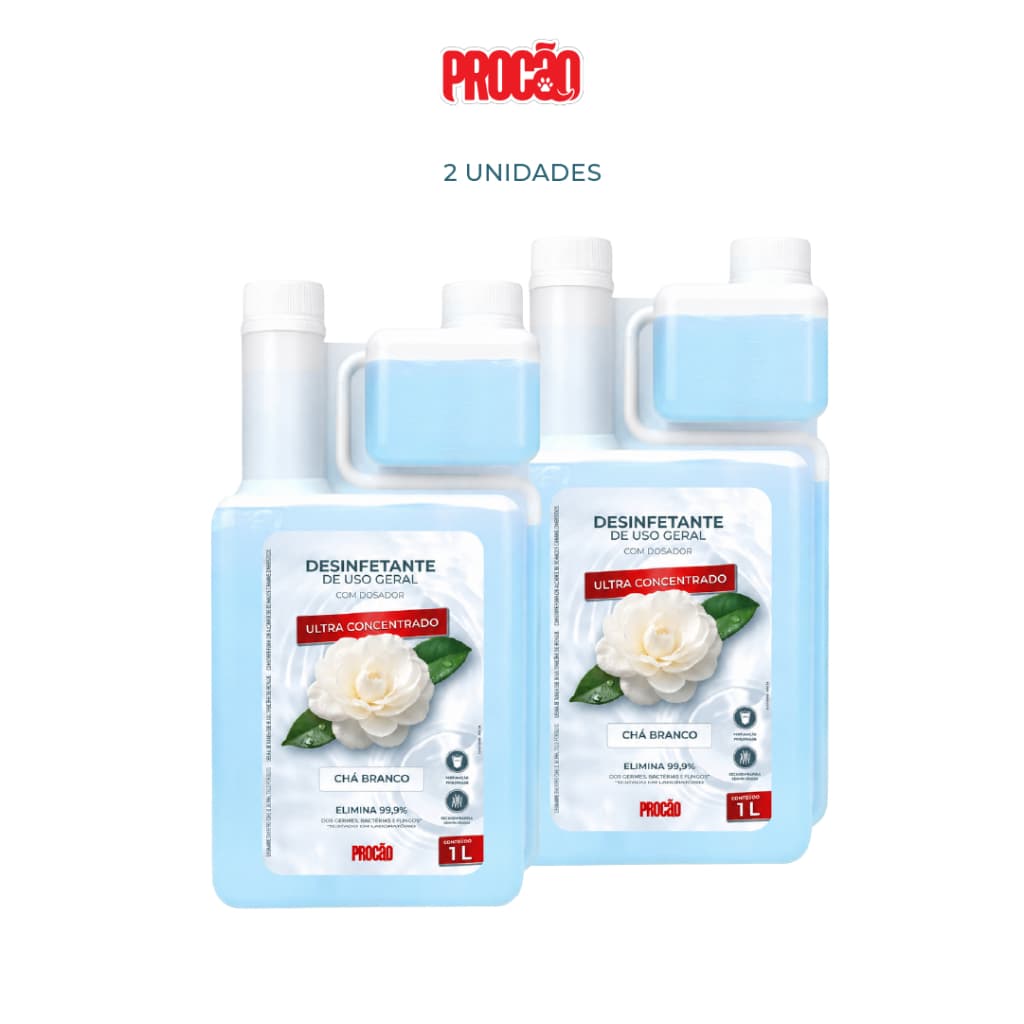 KIT 2 Desinfetante Ultra Concentrado Chá Branco - Procão - Com Dosador - 1L