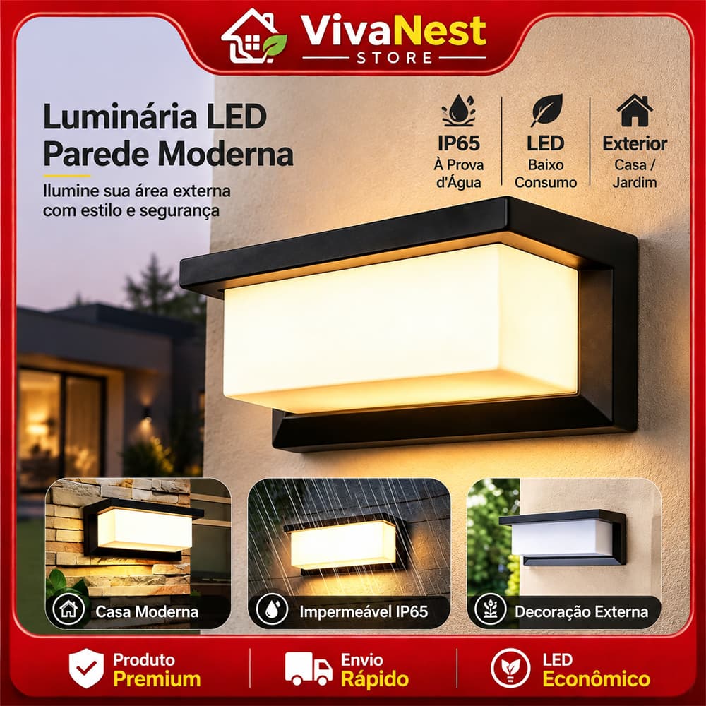 Arandela LED Retangular 24W 3000K/6000K IP65 à Prova d’Água Luz Moderna para Parede e Muro
