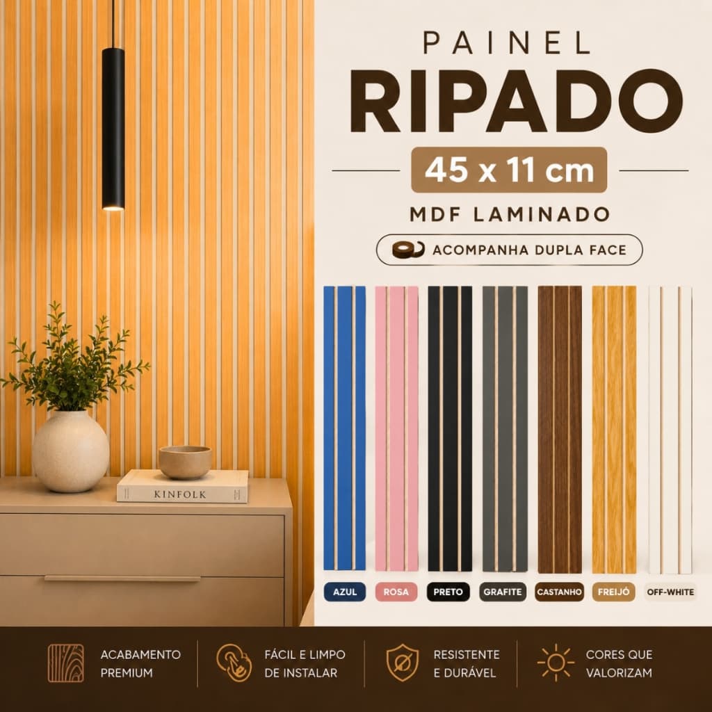KIT ATÉ 50 PLACAS Painel Ripado Autoadesivo em MDF Parede Decorativa - 45x11cm
