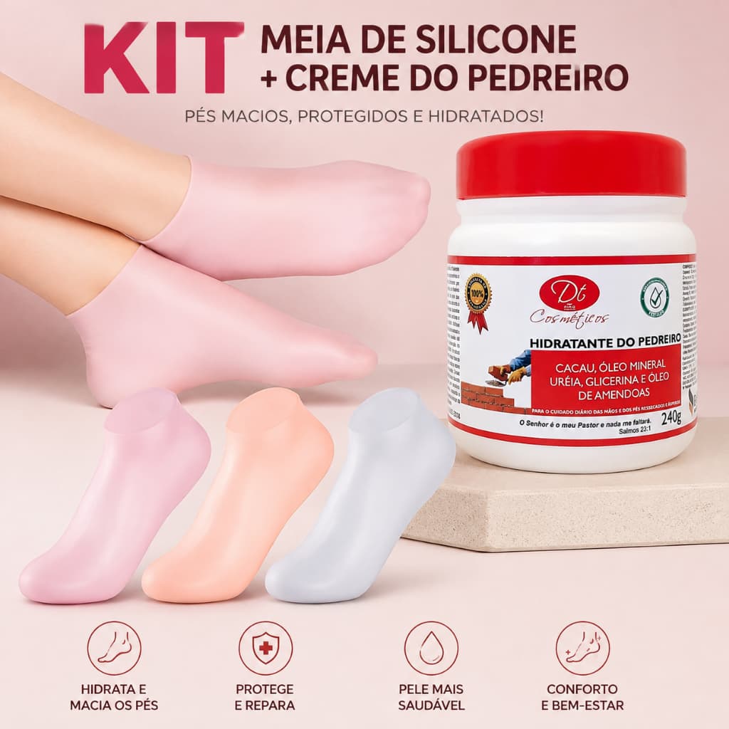 Kit Meia de Silicone + Hidratante do pedreiro 240g para Pés Ressecados e Asperos Hidrata e Recupera a Pele