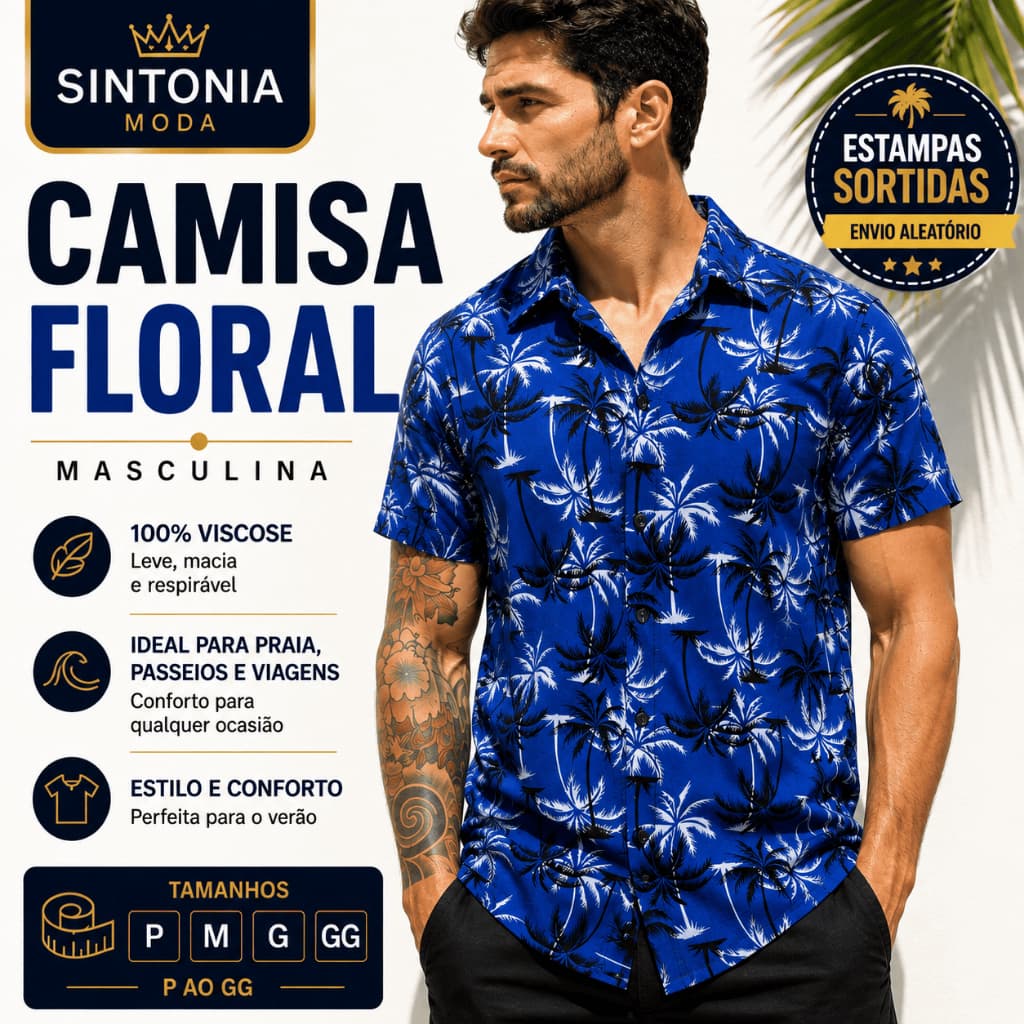 Camisa Floral Masculina Florida Havaiana Manga Curta Viscose Moda Praia Estampa Sortida