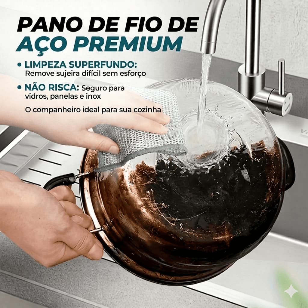 KIT Pano de Prato Mágico de Fio de Aço Inox Multiuso Limpeza Pesada Arear Panela Não Risca