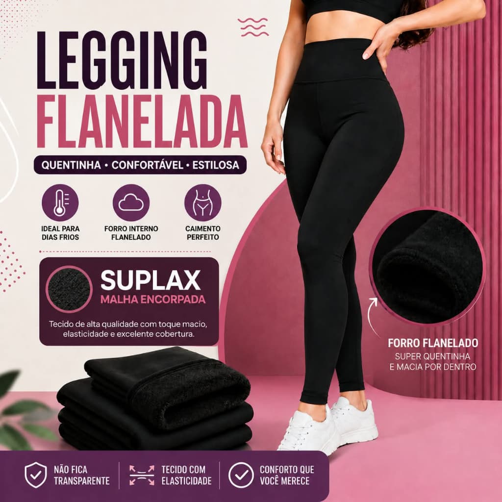 Legging Feminina Preta Flanelada Basica Supplex Cos Alto Zero Transparência Compressao Legging Premium Suplex Academia