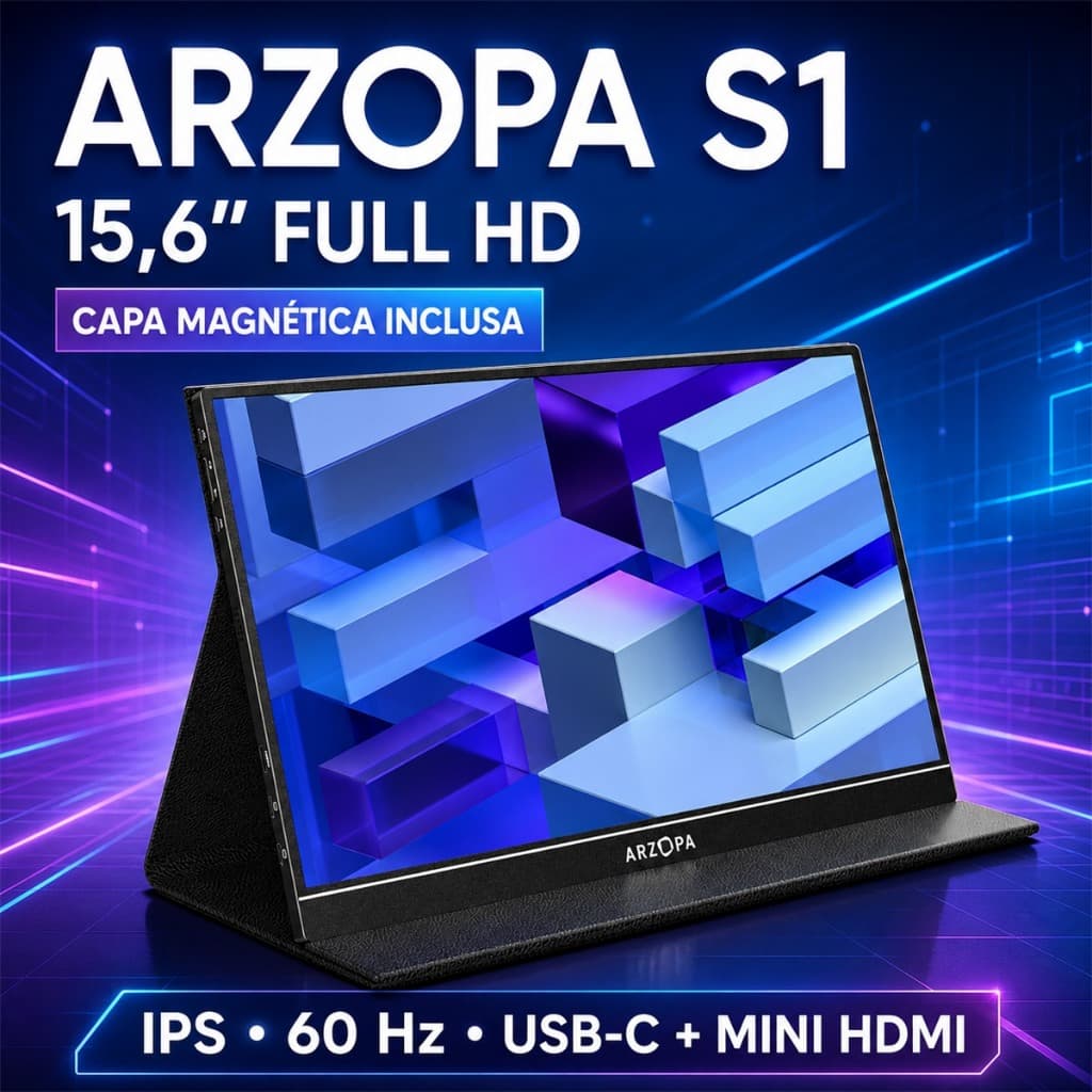 Monitor Portátil ARZOPA S1 Table 15,6” Full HD IPS 60Hz USB-C Mini HDMI com Capa Magnética