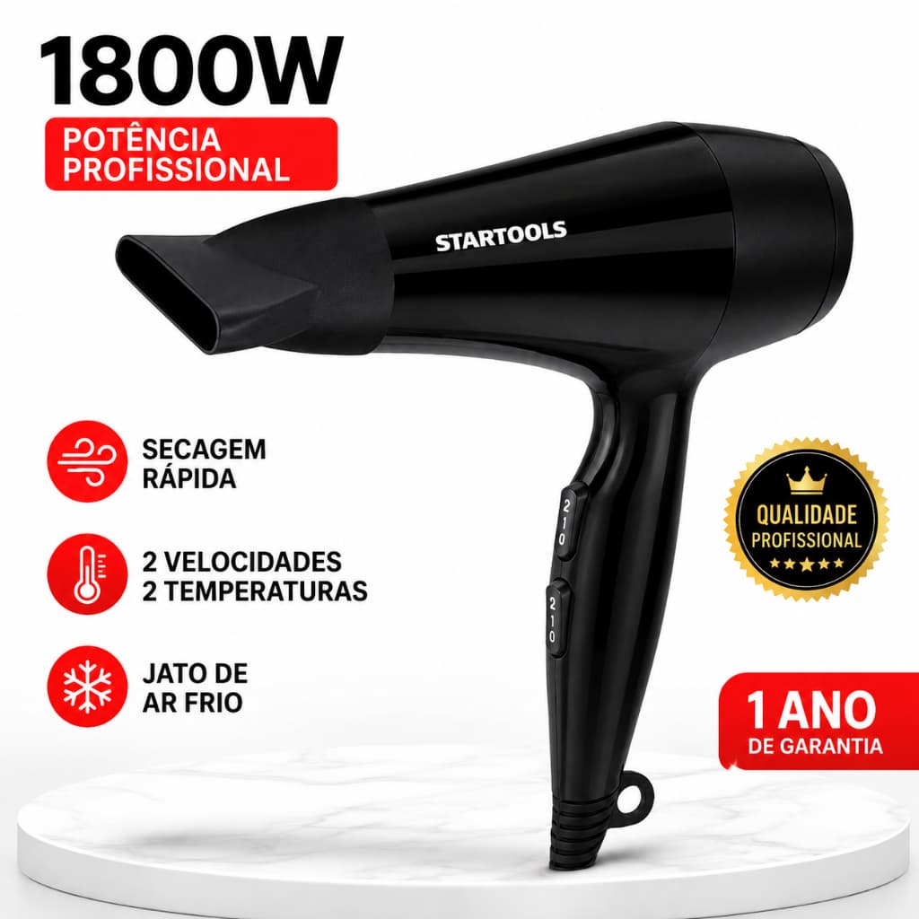 Secador de Cabelo Profissional 1800W 127V 2 Velocidades Ar Quente Frio Potente com Bico