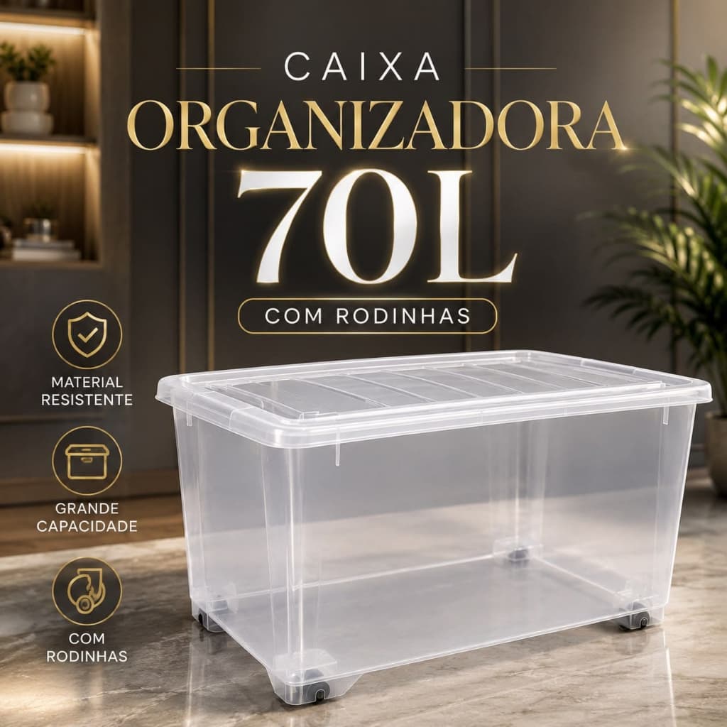 Caixa Organizadora Container Transparente Com Rodinhas e Trava 70 Litros Cesto Organizador Grande