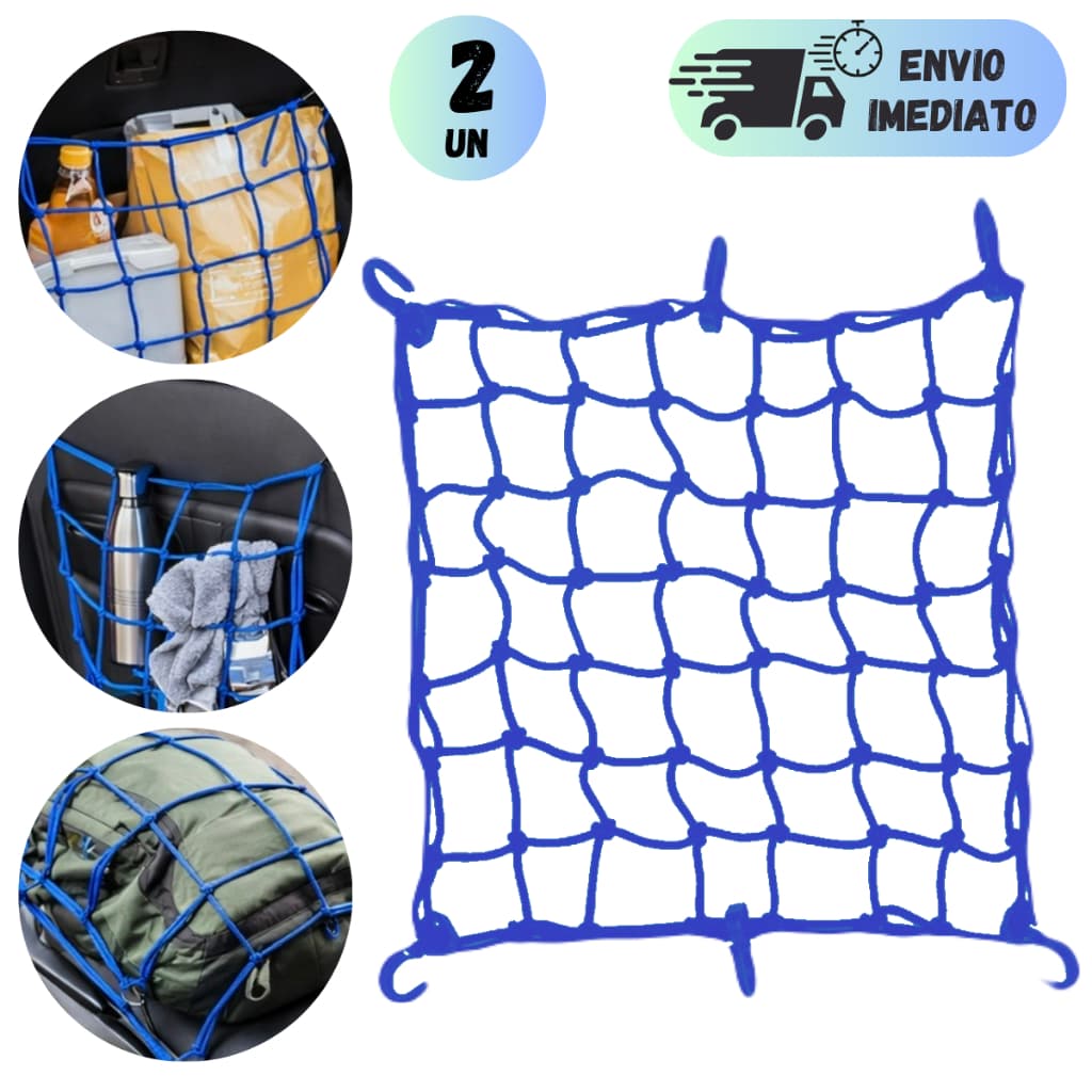 KIT REDE ARANHA PARA MOTO CARRO CARGA BAGAGEIRO CAPACETE 30X30 COM 6 GANCHOS