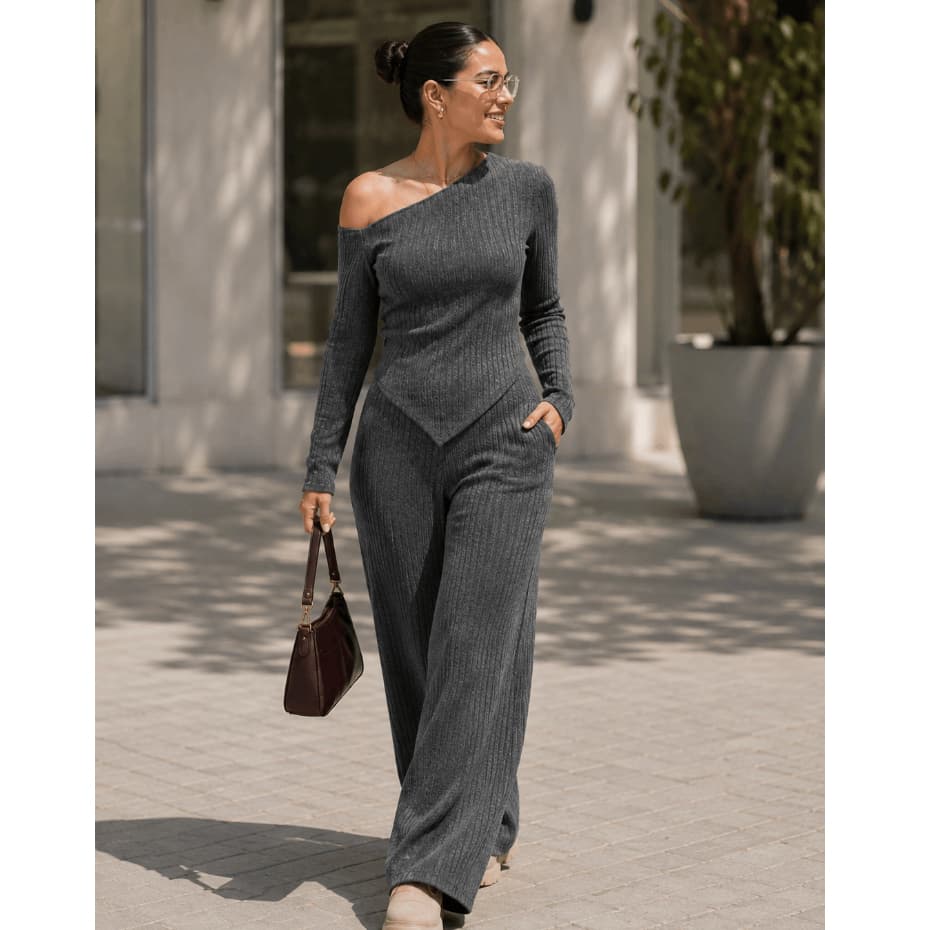 Conjunto Feminino Elegante Blusa Assimétrica e Calça Pantalona de Lã Canelada Casual Social Conforto Inverno Frio '