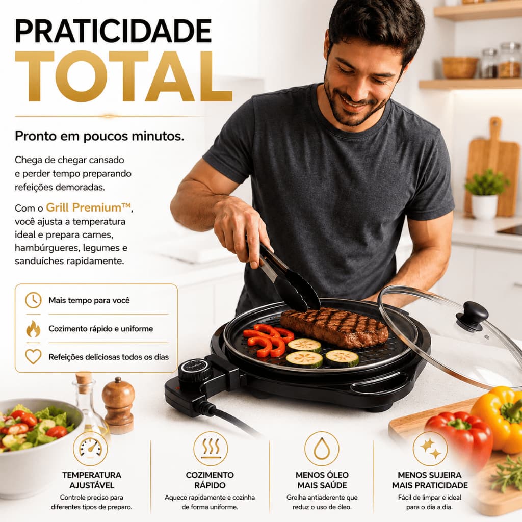 Grill Elétrico Redondo Premium Termostato Ajustável Tampa de Vidro 40cm 127V/220V Antiaderente Fácil Limpeza Sem Fumaça