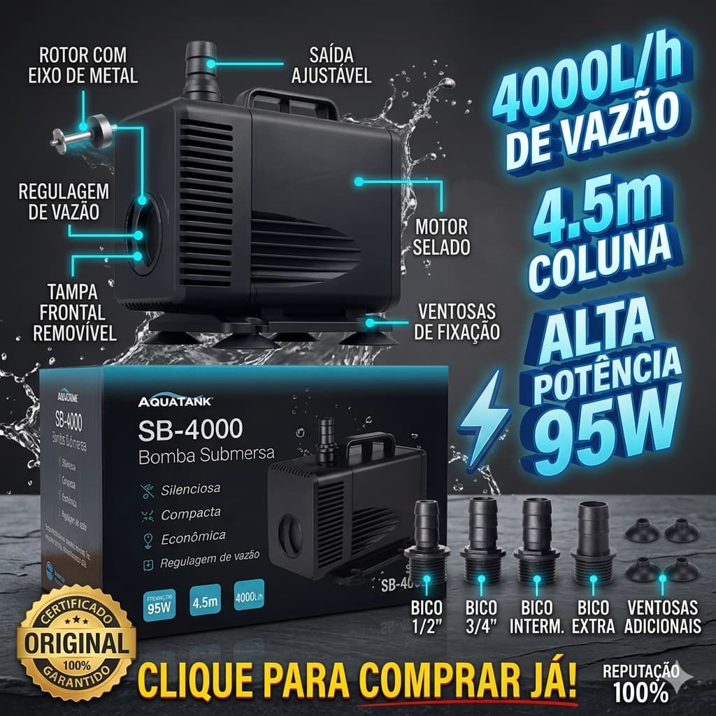 Bomba Submersa Aquatank SB-4000 (Original) – Alta Performance para o seu Projeto AQUARIO OU LAGO