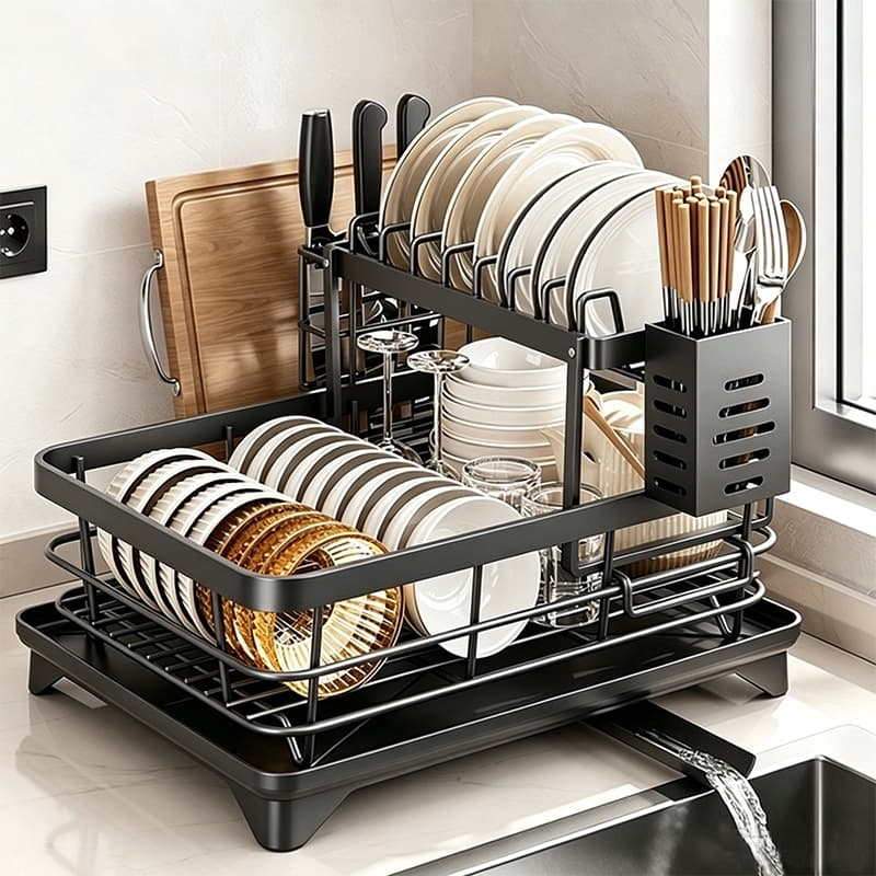 Escorredor De Louça Organizador 2 Em 1 de Pia Rack de Cozinha Duplo Aço Carbono Preto, Branco