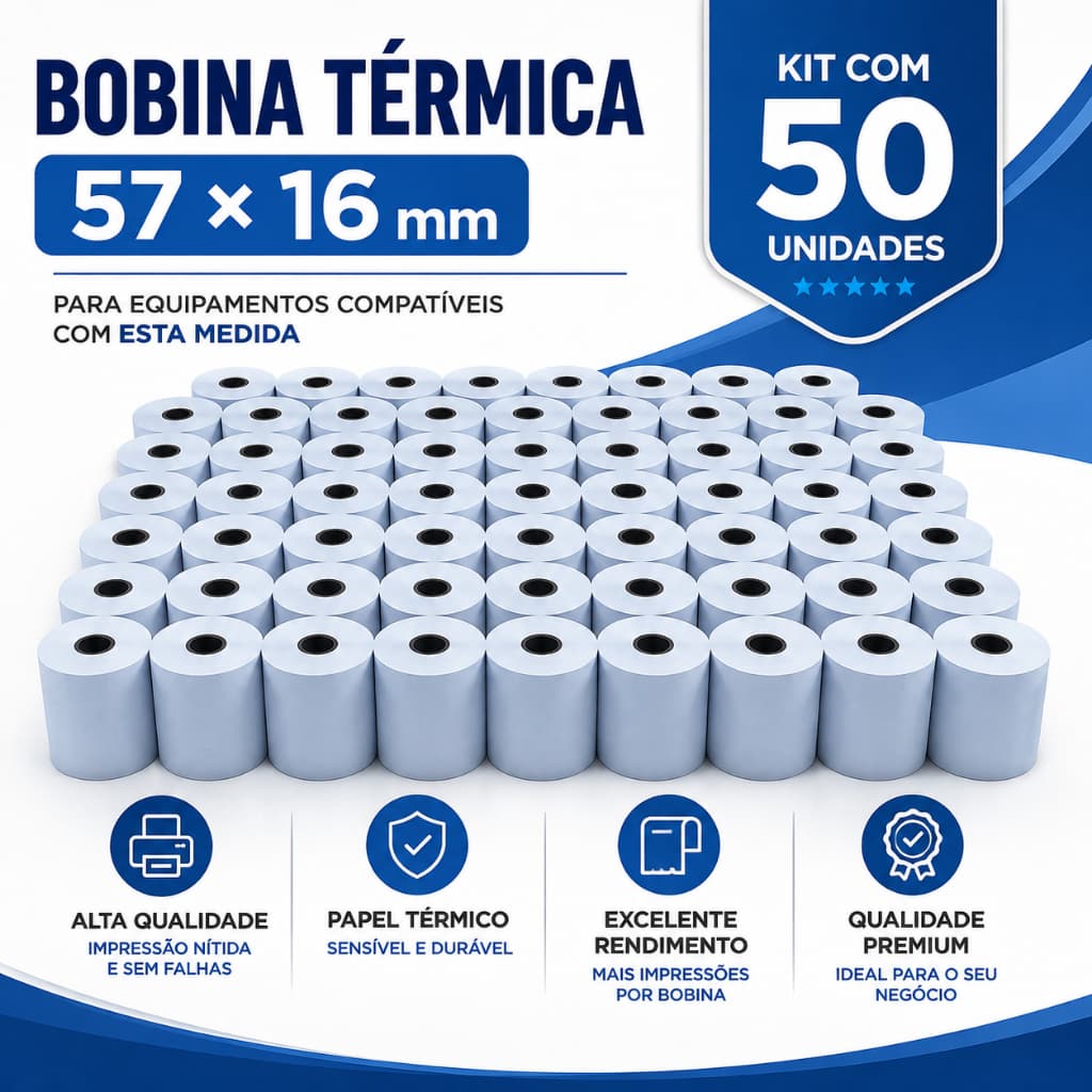 Kit 50 Bobinas Térmicas 57x16m Compatível Cielo Rede Getnet SafraPay Máquina Cartão