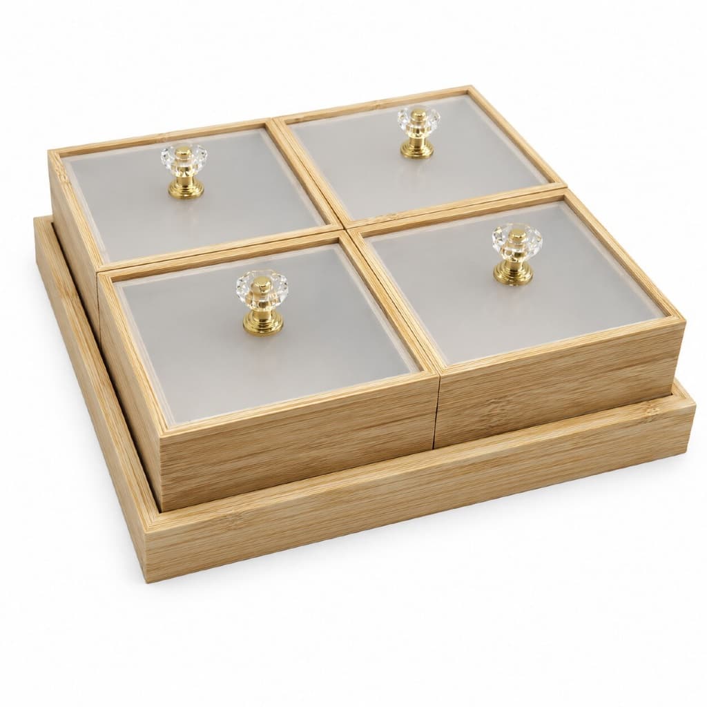 Conjunto de Petisqueiras 4 Potes com Tampa + Bandeja Organizadora Aperitivos Petiscos Decoração