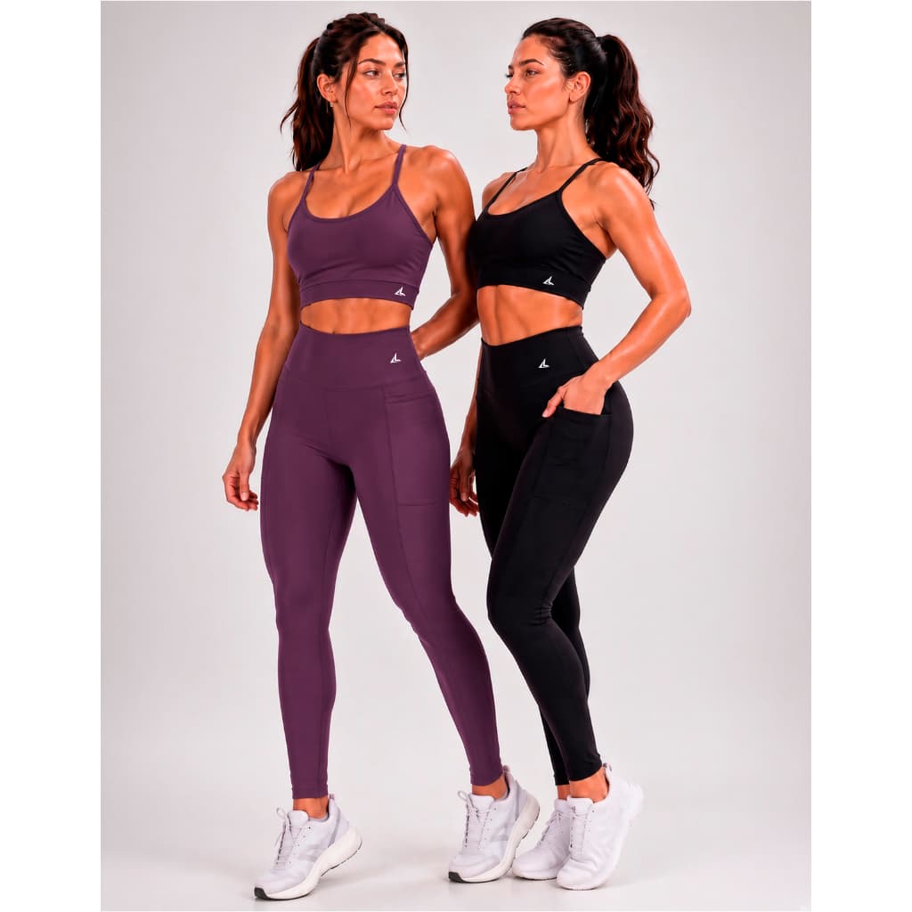 Kit 2 Conjunto Academia Blackout Zero Transparência Calça Legging Com Bolso E Top Esportivo Fitness Yoga Pilates Corrida
