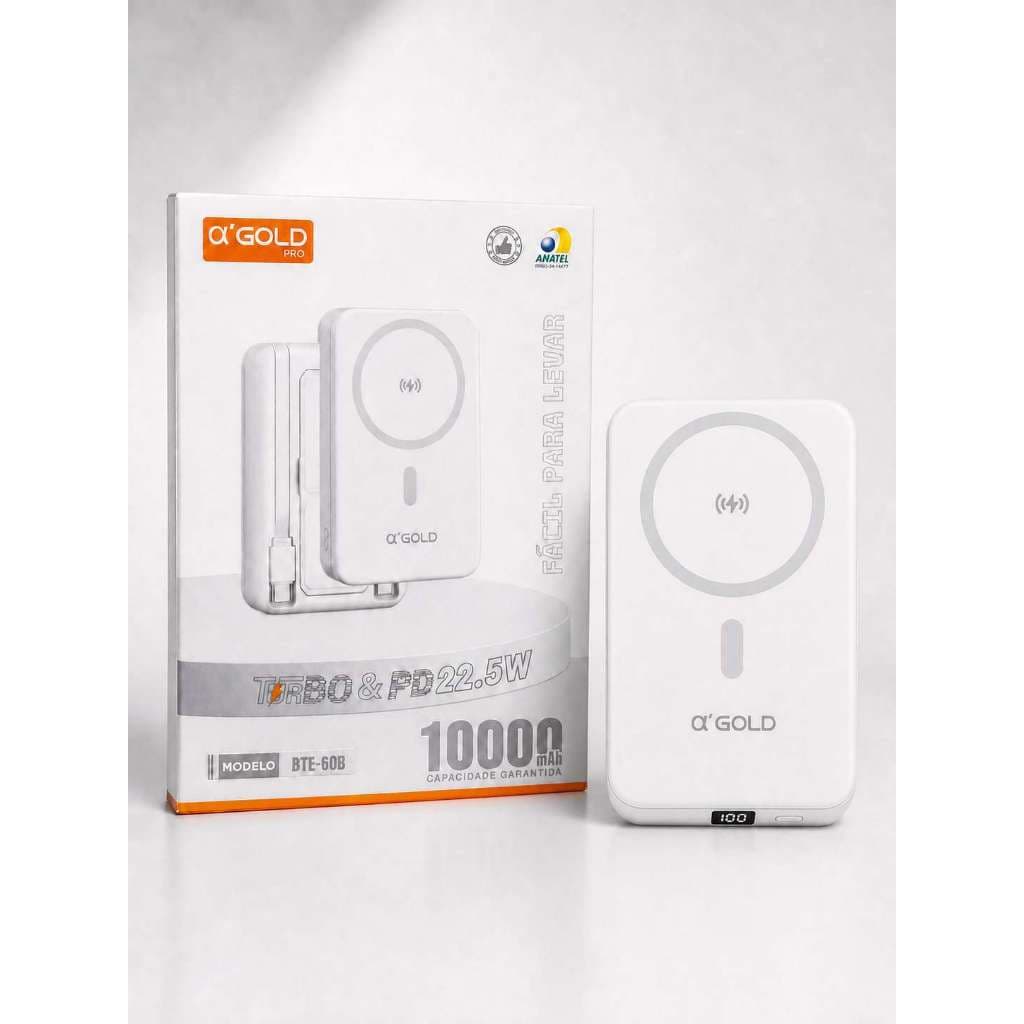 Carregador Portátil Magnético 10000mAh Power Bank Indução Sem Fio Turbo PD 22.5W Cabo Embutido Tipo‑C Lightning Compatí