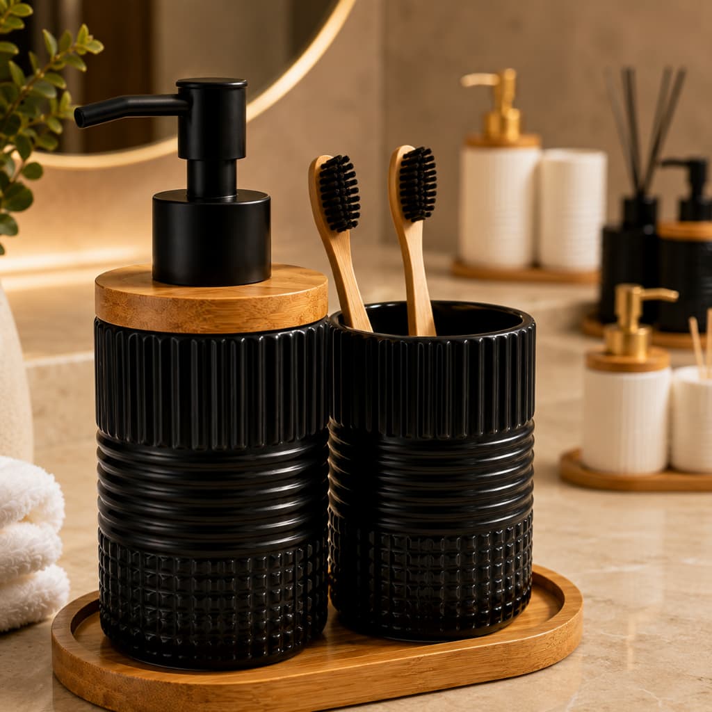 Kit Banheiro 3 Peças Cerâmica Premium com Base Bambu Porta Sabonete Líquido e Escova Lavabo