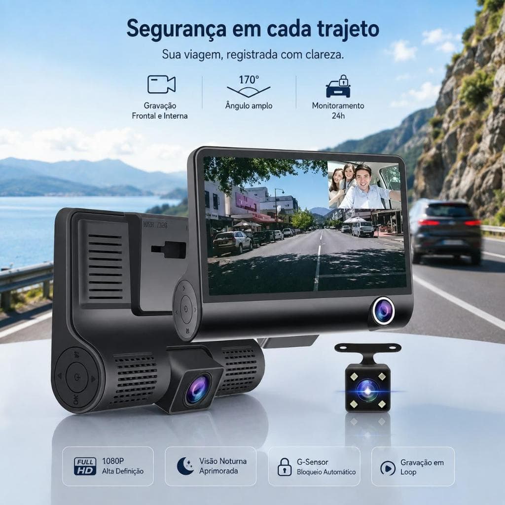 Camera Veicular Automotiva Gravação Full Hd Frontal Ré Lcd 4