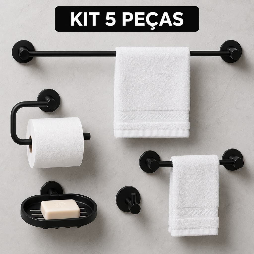 Kit Banheiro Acessórios 5 Peças Completo Toalheiro 40cm Saboneteira Lavabo Decoração Preto Branco Cromado