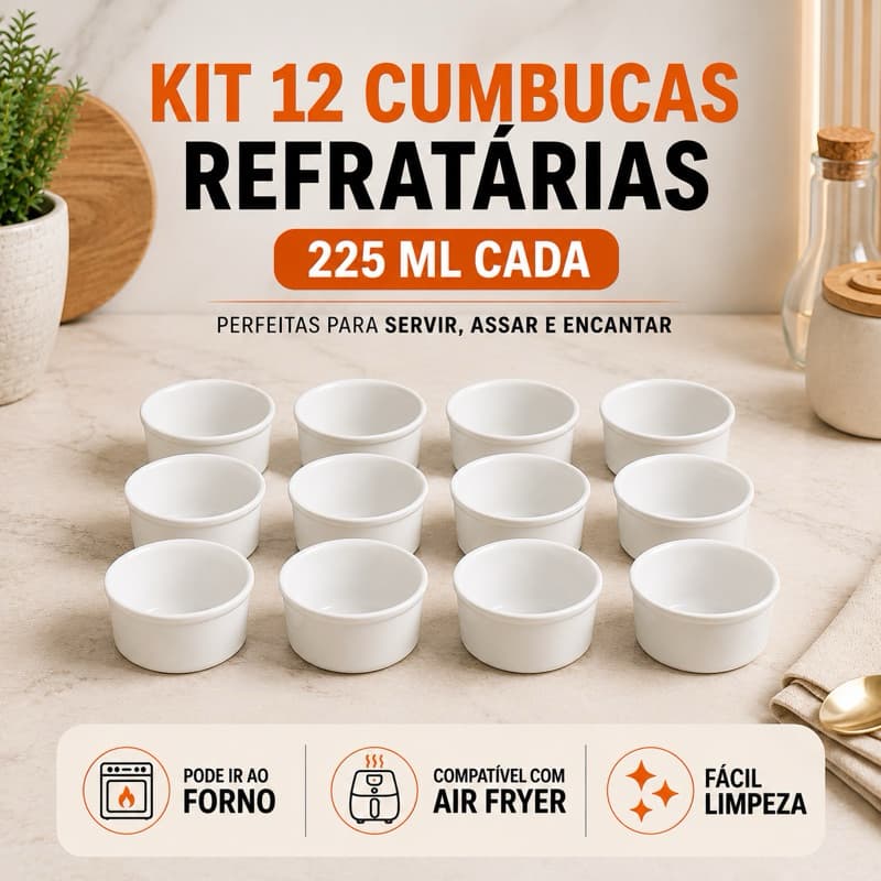 Kit 12 Cumbucas Bowl Tigela Ramequin 225ml Porcelana Refrataria Branca Forno e Mesa Ideal Para Servir
