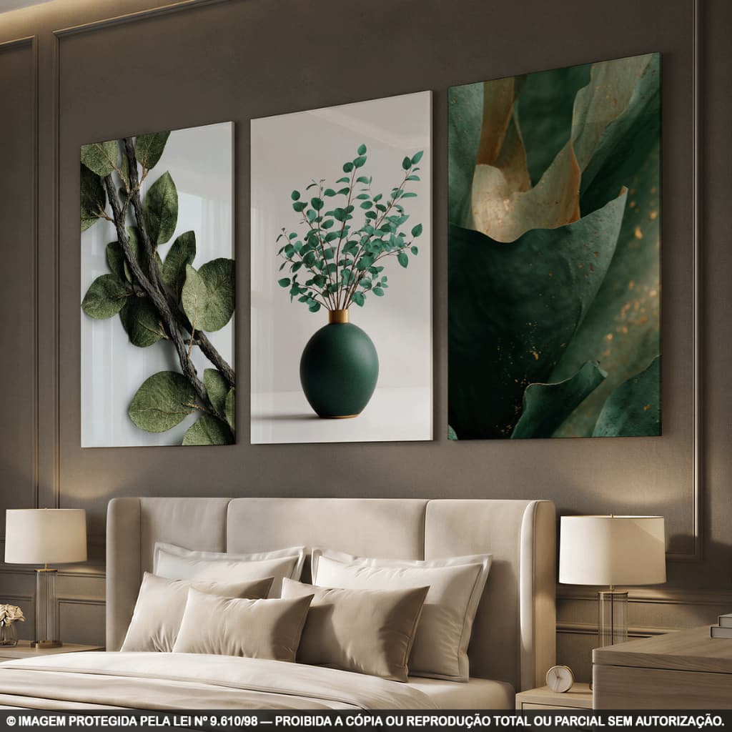Kit 3 Quadros Decorativos Botânicos Verde e Dourado com Vaso e Folhagens