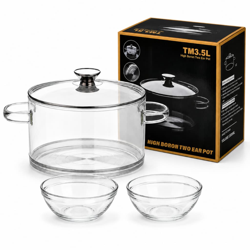 Kit Panela de Vidro Borossilicato 3,5L com Tampa + 2 Tigelas | Caçarola Transparente Base Inox 304 para Sopas e Caldos